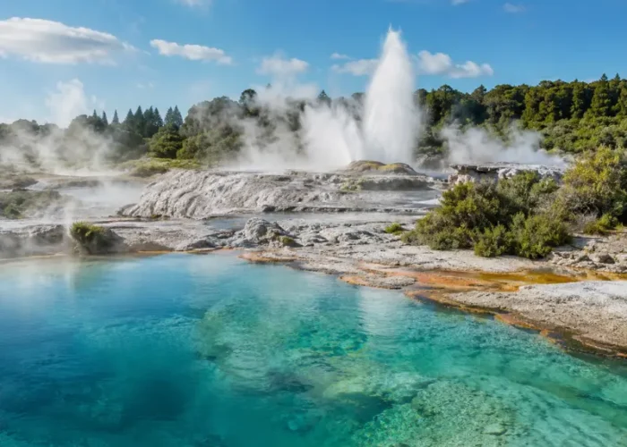Bright daytime view of Rotorua geothermal pools with turquoise water, steam vents, geyser, and native greenery.