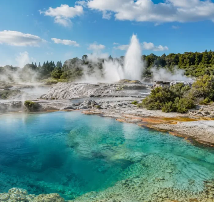 Bright daytime view of Rotorua geothermal pools with turquoise water, steam vents, geyser, and native greenery.