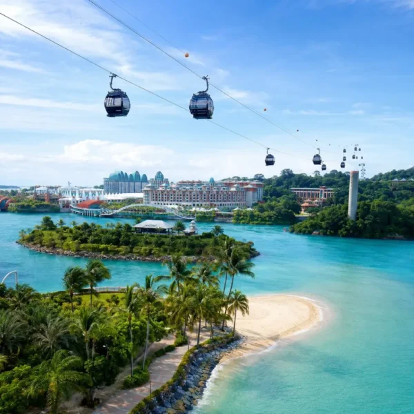 Sentosa Island Singapore with cable cars, turquoise sea, palm beach, and resort skyline in bright morning light.