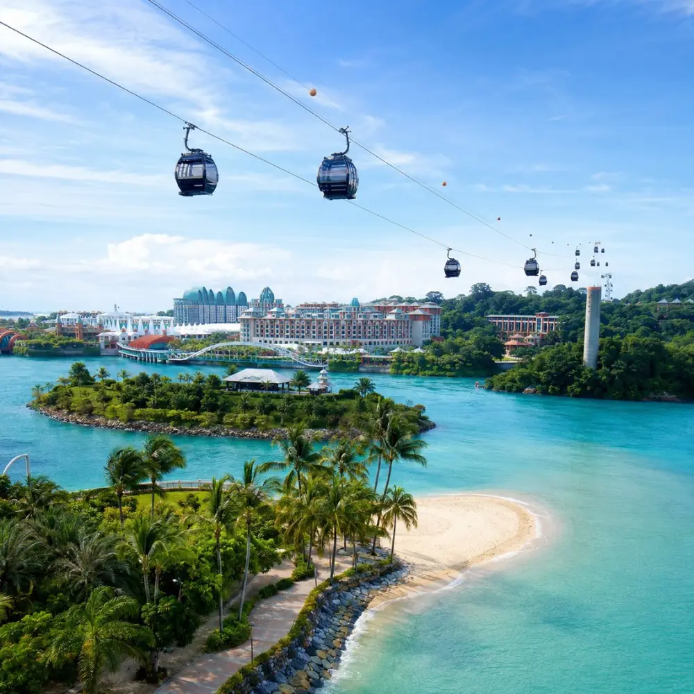 Sentosa Island Singapore with cable cars, turquoise sea, palm beach, and resort skyline in bright morning light.
