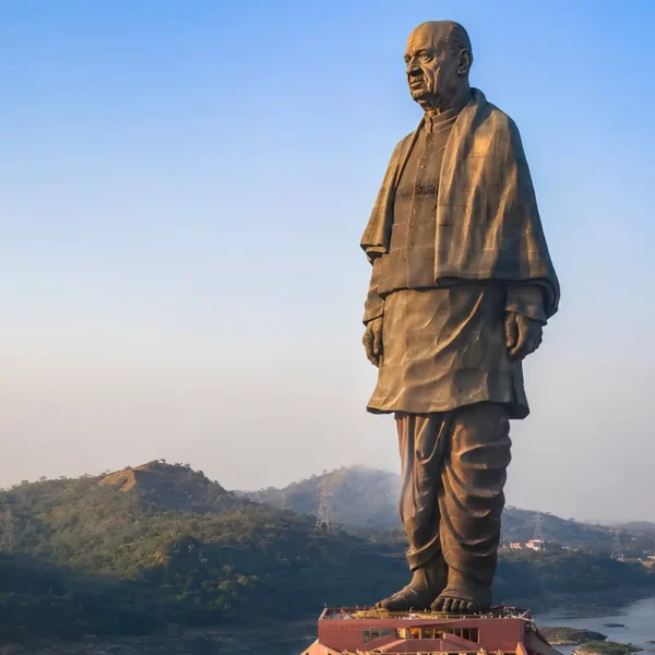 Statue of Unity in Kevadia Gujarat overlooking the Narmada River with scenic hills and iconic monument view