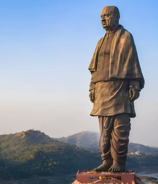 Statue of Unity in Kevadia Gujarat overlooking the Narmada River with scenic hills and iconic monument view