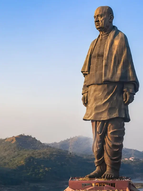 Statue of Unity in Kevadia Gujarat overlooking the Narmada River with scenic hills and iconic monument view