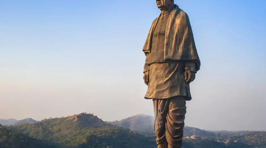 Statue of Unity in Kevadia Gujarat overlooking the Narmada River with scenic hills and iconic monument view