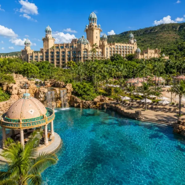 Luxury daytime view of Sun City South Africa with palace resort, turquoise pool, palm trees, and lush hills.