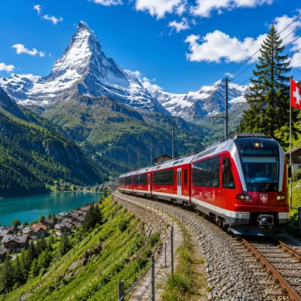 Switzerland scenic train passing through alpine mountains, turquoise lake, green valley, and Matterhorn-style peak.