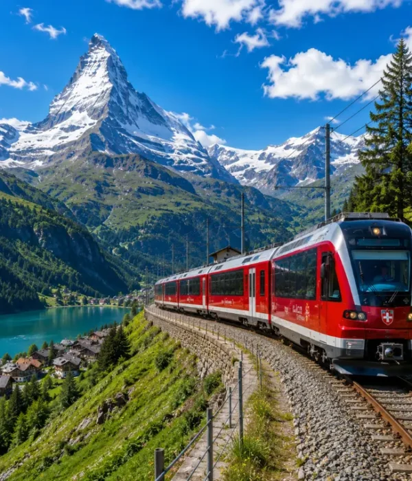 Switzerland scenic train passing through alpine mountains, turquoise lake, green valley, and Matterhorn-style peak.