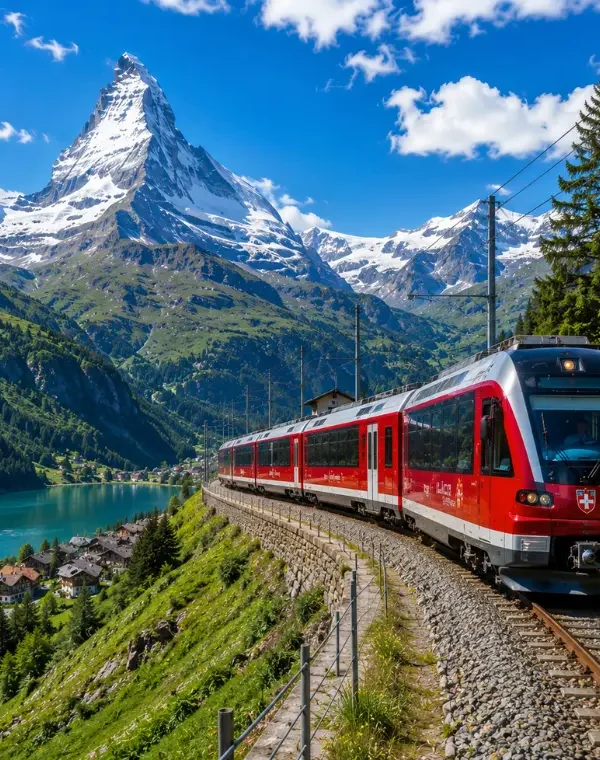 Switzerland scenic train passing through alpine mountains, turquoise lake, green valley, and Matterhorn-style peak.