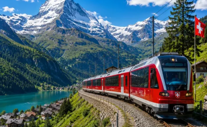 Switzerland scenic train passing through alpine mountains, turquoise lake, green valley, and Matterhorn-style peak.