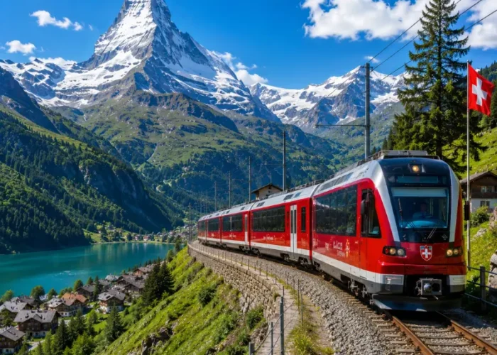 Switzerland scenic train passing through alpine mountains, turquoise lake, green valley, and Matterhorn-style peak.