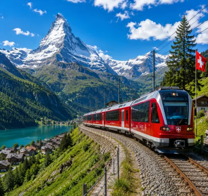 Switzerland scenic train passing through alpine mountains, turquoise lake, green valley, and Matterhorn-style peak.