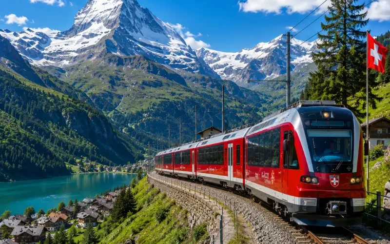 Switzerland scenic train passing through alpine mountains, turquoise lake, green valley, and Matterhorn-style peak.