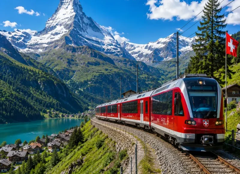 Switzerland scenic train passing through alpine mountains, turquoise lake, green valley, and Matterhorn-style peak.