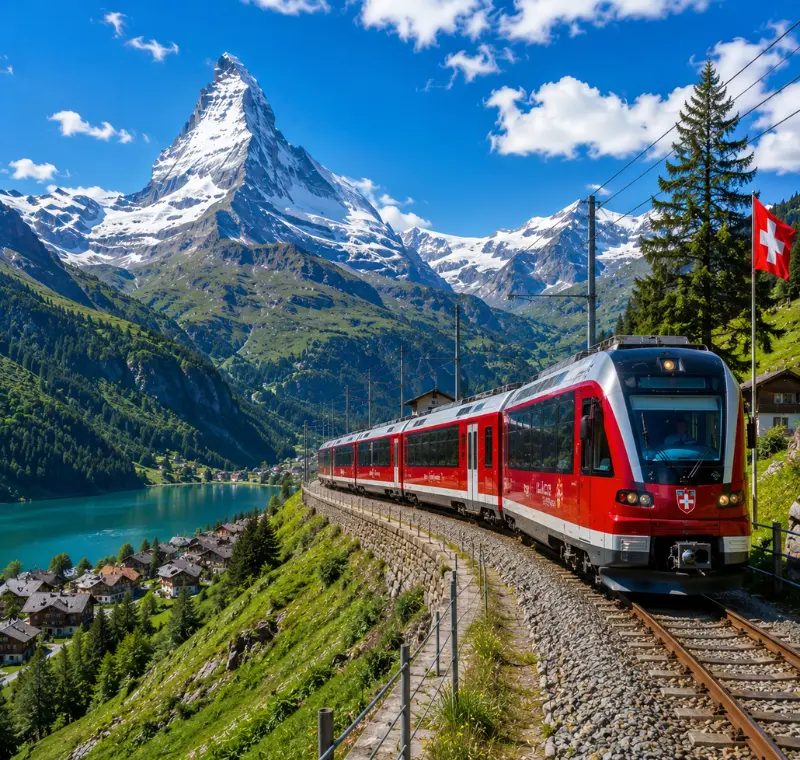 Switzerland scenic train passing through alpine mountains, turquoise lake, green valley, and Matterhorn-style peak.