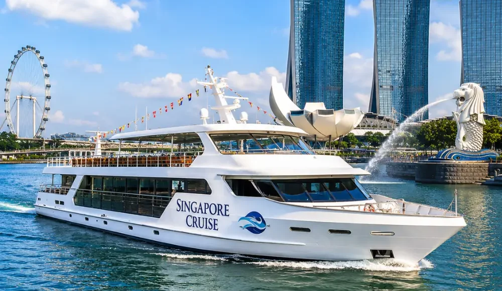 Luxury Singapore cruise ship near Marina Bay with skyline, blue water, and bright morning travel atmosphere.