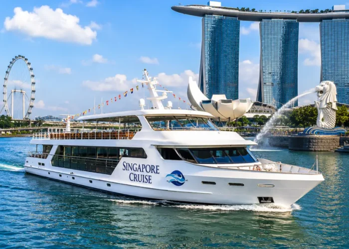 Luxury Singapore cruise ship near Marina Bay with skyline, blue water, and bright morning travel atmosphere.