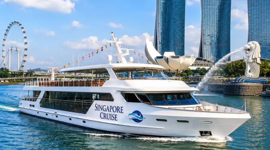 Luxury Singapore cruise ship near Marina Bay with skyline, blue water, and bright morning travel atmosphere.