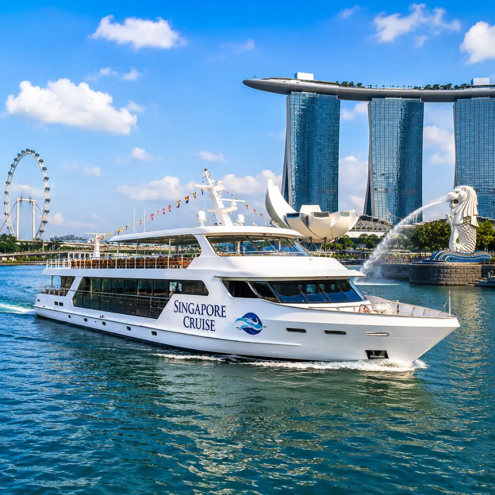 Luxury Singapore cruise ship near Marina Bay with skyline, blue water, and bright morning travel atmosphere.