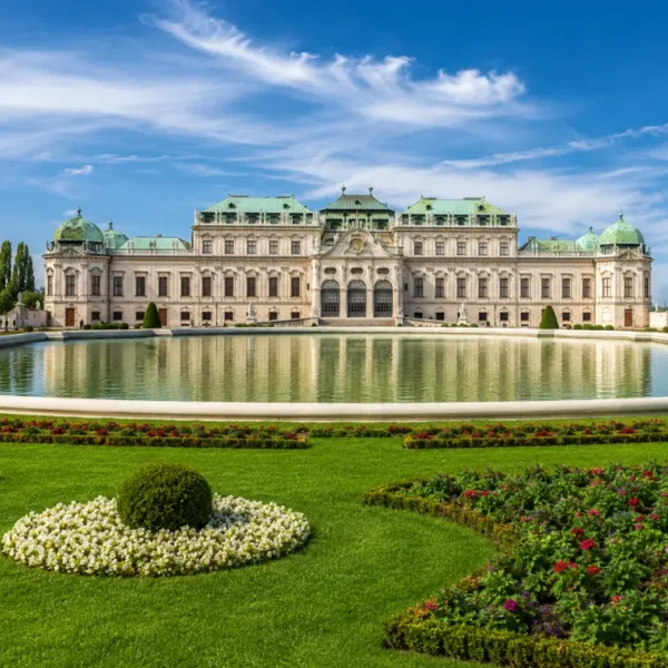 Luxury daytime view of Vienna’s Belvedere Palace with formal gardens, reflecting pool, and elegant Baroque architecture.