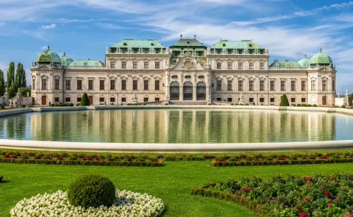 Luxury daytime view of Vienna’s Belvedere Palace with formal gardens, reflecting pool, and elegant Baroque architecture.