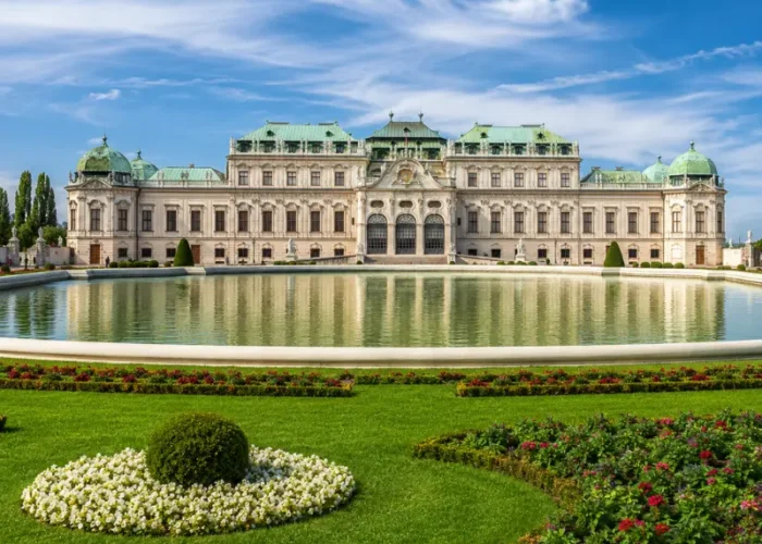 Luxury daytime view of Vienna’s Belvedere Palace with formal gardens, reflecting pool, and elegant Baroque architecture.