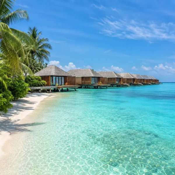 Maldives water villa resort with overwater bungalows, turquoise lagoon, white sand beach, and palm trees.