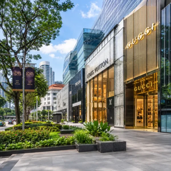 Luxury shopping street in Singapore with Marina Bay style skyline, designer stores, and bright morning atmosphere.