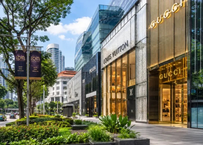 Luxury shopping street in Singapore with Marina Bay style skyline, designer stores, and bright morning atmosphere.