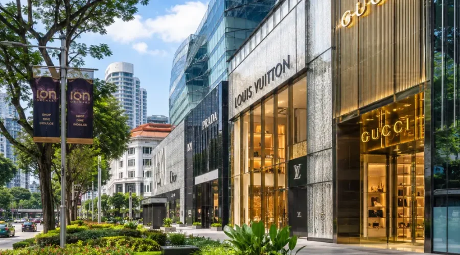 Luxury shopping street in Singapore with Marina Bay style skyline, designer stores, and bright morning atmosphere.