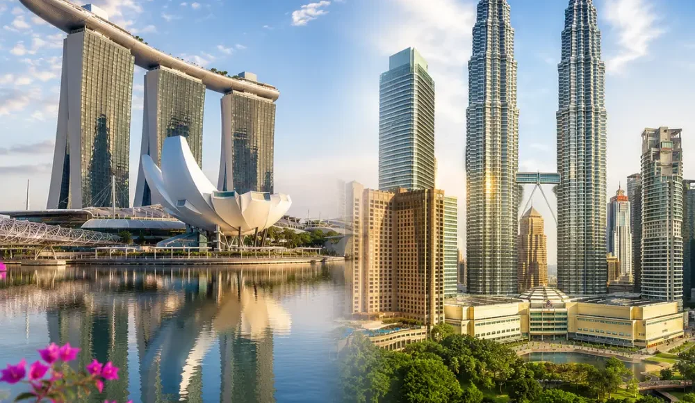 Singapore and Malaysia travel scene with Marina Bay skyline, Kuala Lumpur towers, clear skies, and premium city views.