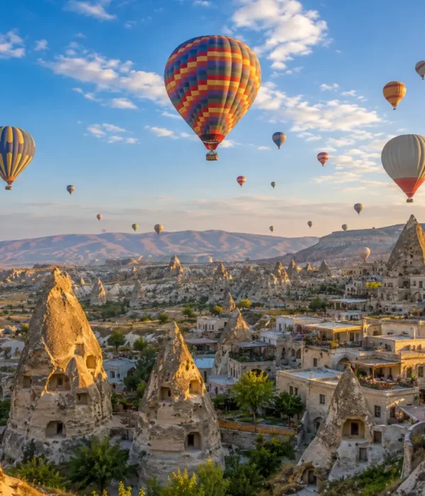 Cappadocia Turkey with hot air balloons, fairy chimneys, rocky valleys, and bright clear morning atmosphere.