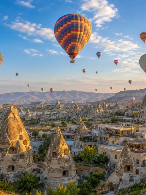 Cappadocia Turkey with hot air balloons, fairy chimneys, rocky valleys, and bright clear morning atmosphere.
