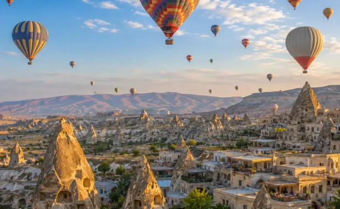 Cappadocia Turkey with hot air balloons, fairy chimneys, rocky valleys, and bright clear morning atmosphere.