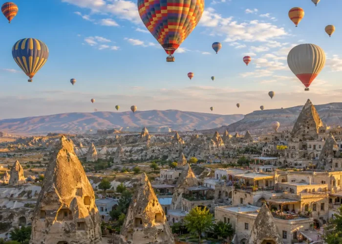 Cappadocia Turkey with hot air balloons, fairy chimneys, rocky valleys, and bright clear morning atmosphere.
