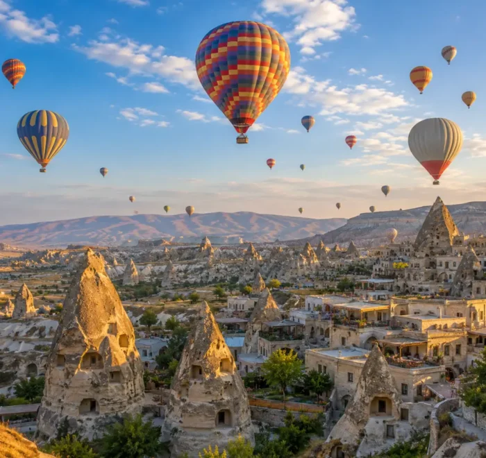 Cappadocia Turkey with hot air balloons, fairy chimneys, rocky valleys, and bright clear morning atmosphere.