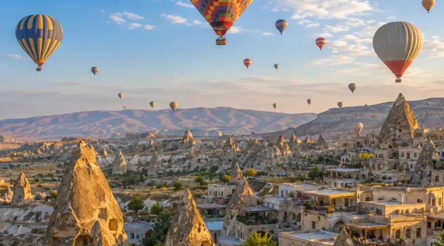 Cappadocia Turkey with hot air balloons, fairy chimneys, rocky valleys, and bright clear morning atmosphere.