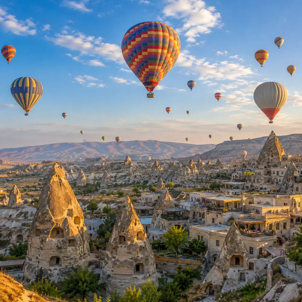 Cappadocia Turkey with hot air balloons, fairy chimneys, rocky valleys, and bright clear morning atmosphere.