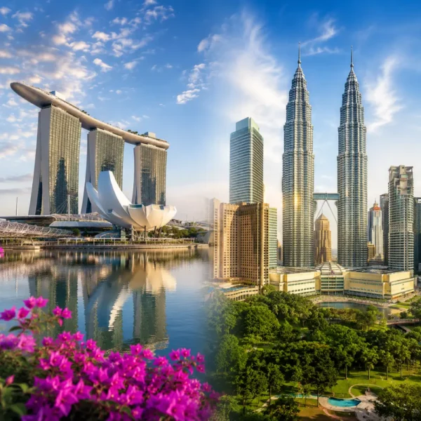 Singapore and Malaysia travel scene with Marina Bay skyline, Kuala Lumpur towers, clear skies, and premium city views.