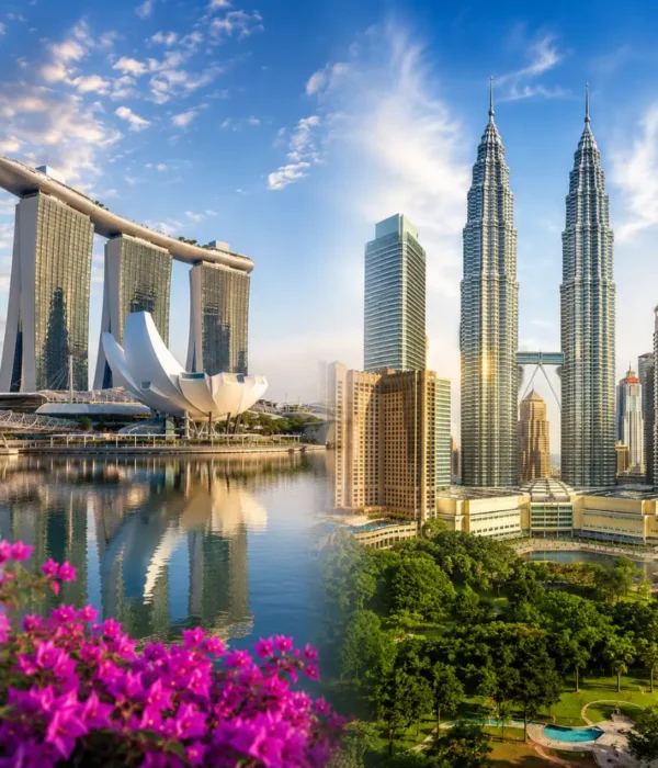 Singapore and Malaysia travel scene with Marina Bay skyline, Kuala Lumpur towers, clear skies, and premium city views.