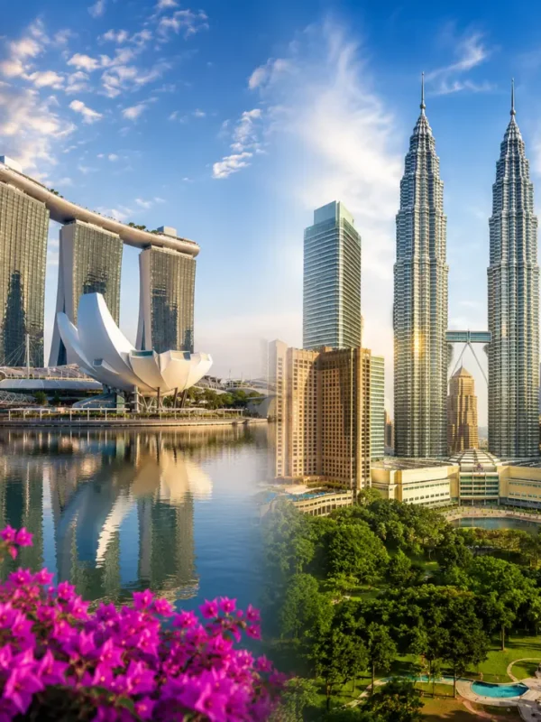 Singapore and Malaysia travel scene with Marina Bay skyline, Kuala Lumpur towers, clear skies, and premium city views.