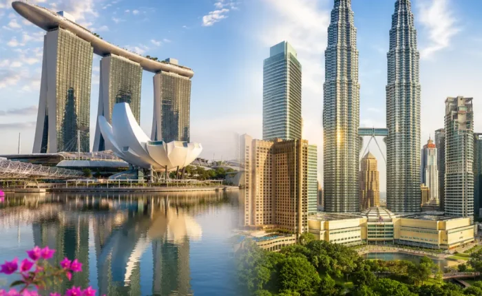 Singapore and Malaysia travel scene with Marina Bay skyline, Kuala Lumpur towers, clear skies, and premium city views.