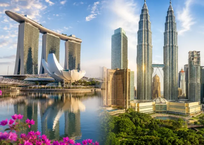 Singapore and Malaysia travel scene with Marina Bay skyline, Kuala Lumpur towers, clear skies, and premium city views.