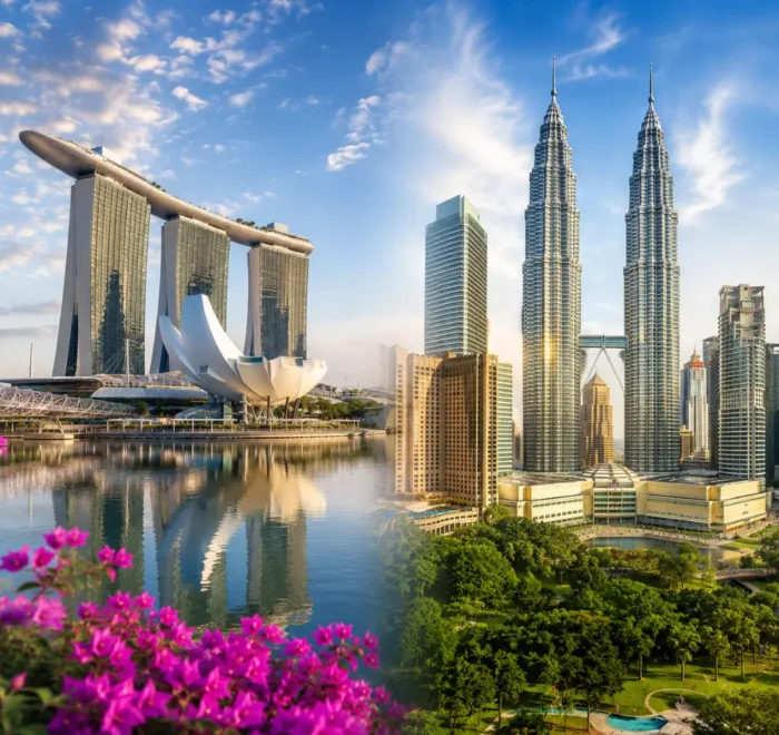 Singapore and Malaysia travel scene with Marina Bay skyline, Kuala Lumpur towers, clear skies, and premium city views.