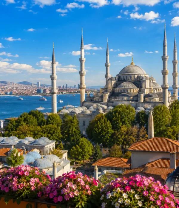 Istanbul skyline with Hagia Sophia, Blue Mosque, Bosphorus views, historic domes, and bright morning atmosphere