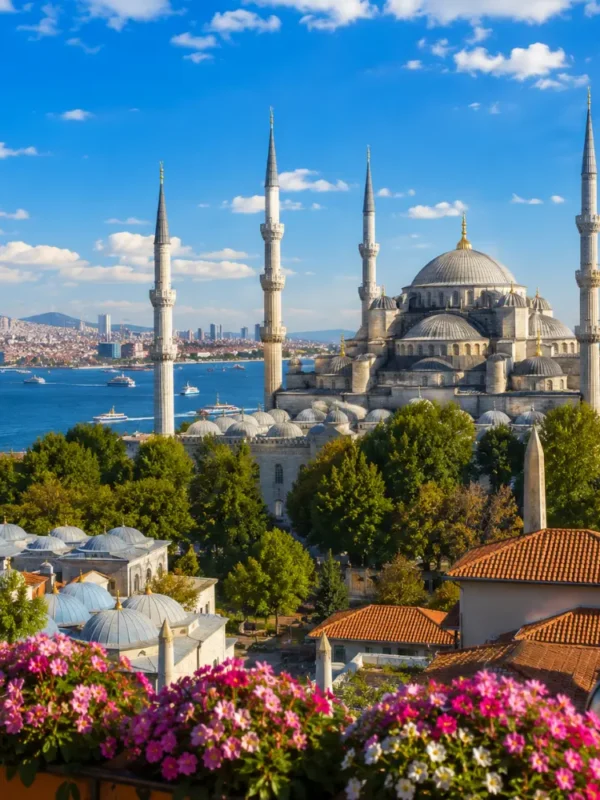 Istanbul skyline with Hagia Sophia, Blue Mosque, Bosphorus views, historic domes, and bright morning atmosphere