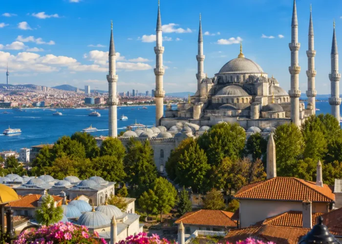 Istanbul skyline with Hagia Sophia, Blue Mosque, Bosphorus views, historic domes, and bright morning atmosphere