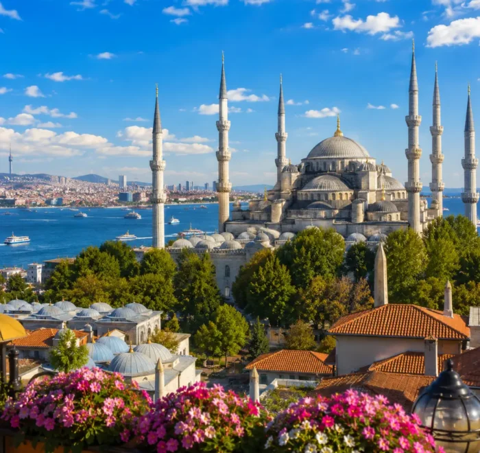 Istanbul skyline with Hagia Sophia, Blue Mosque, Bosphorus views, historic domes, and bright morning atmosphere