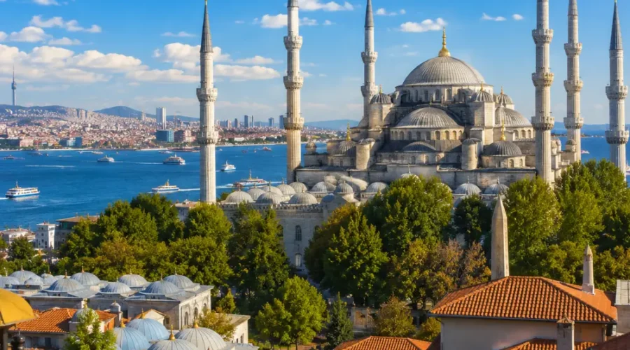 Istanbul skyline with Hagia Sophia, Blue Mosque, Bosphorus views, historic domes, and bright morning atmosphere
