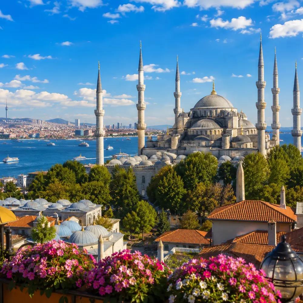 Istanbul skyline with Hagia Sophia, Blue Mosque, Bosphorus views, historic domes, and bright morning atmosphere