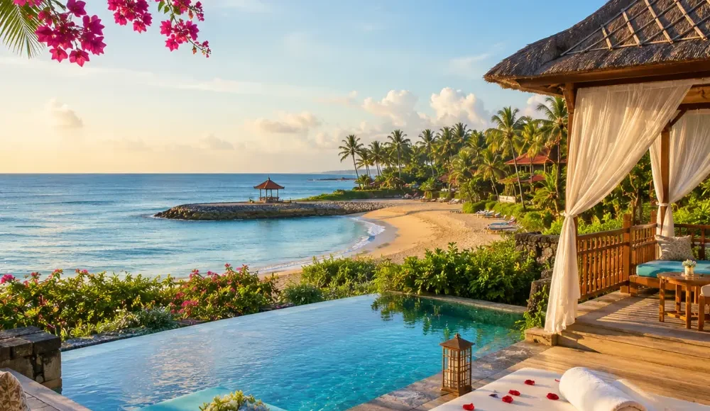 Nusa Dua Bali honeymoon beach with luxury resort villas, turquoise water, tropical palms, and bright morning atmosphere.